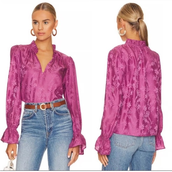 PAIGE Dusty Plum Silk Ruffle V-Neck Blouse - Picture 1 of 9